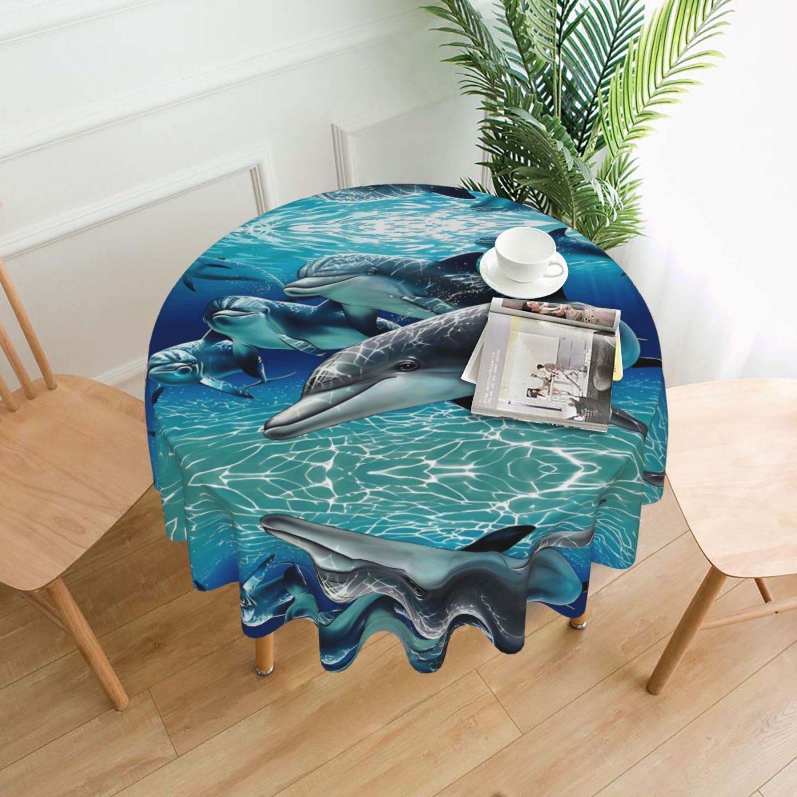Hjfczh Black Happy Dolphins Prints Round Table Throw 60 Inch - Waterproof Table Cover - Soft & Wrinkle Resistant Decor Layer For Dinners, Parties & Everyday Use