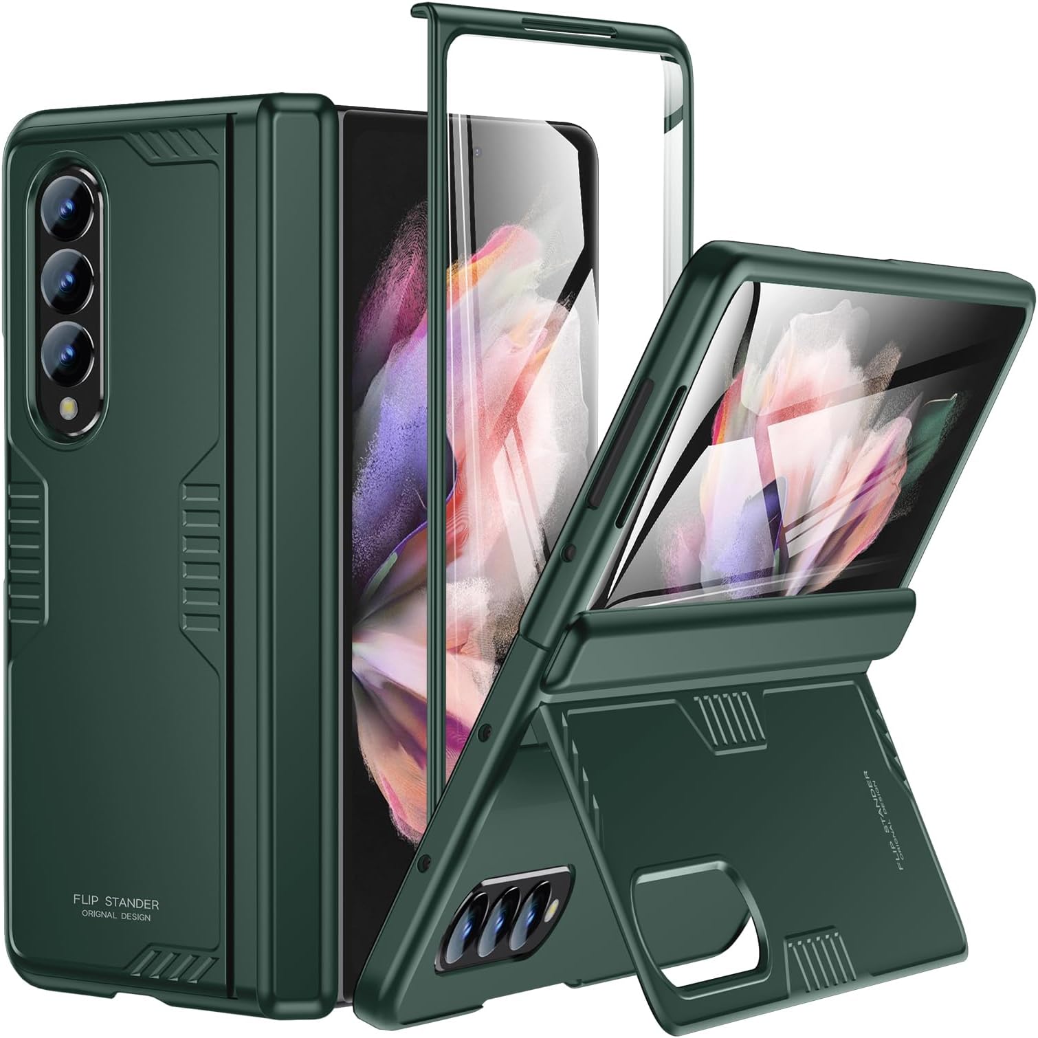 for Galaxy Fold 3 Case Slim: Samsung fold3 5G Thin Phone Cover with Hinge Protection Kickstand Screen Protector 2021 Green