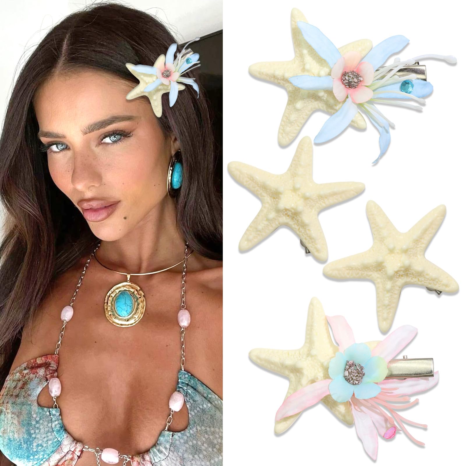 SAWINDA 4Pcs Flower Starfish Hair Clips Sea Star Hair Barrettes Mermaid Hair Clips Seashell Clips for Hair Beach Hair Accessories for Women Girls