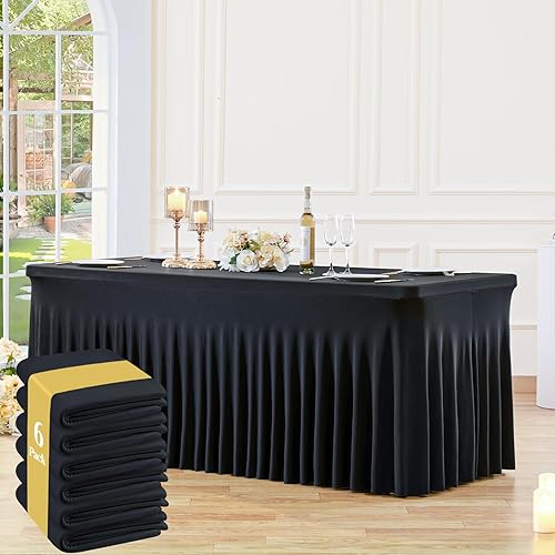 Paquete de 6 manteles negros para mesas rectangulares de 6 pies, manteles de elastano ajustables de 6 pies, manteles elásticos de 6 pies, manteles