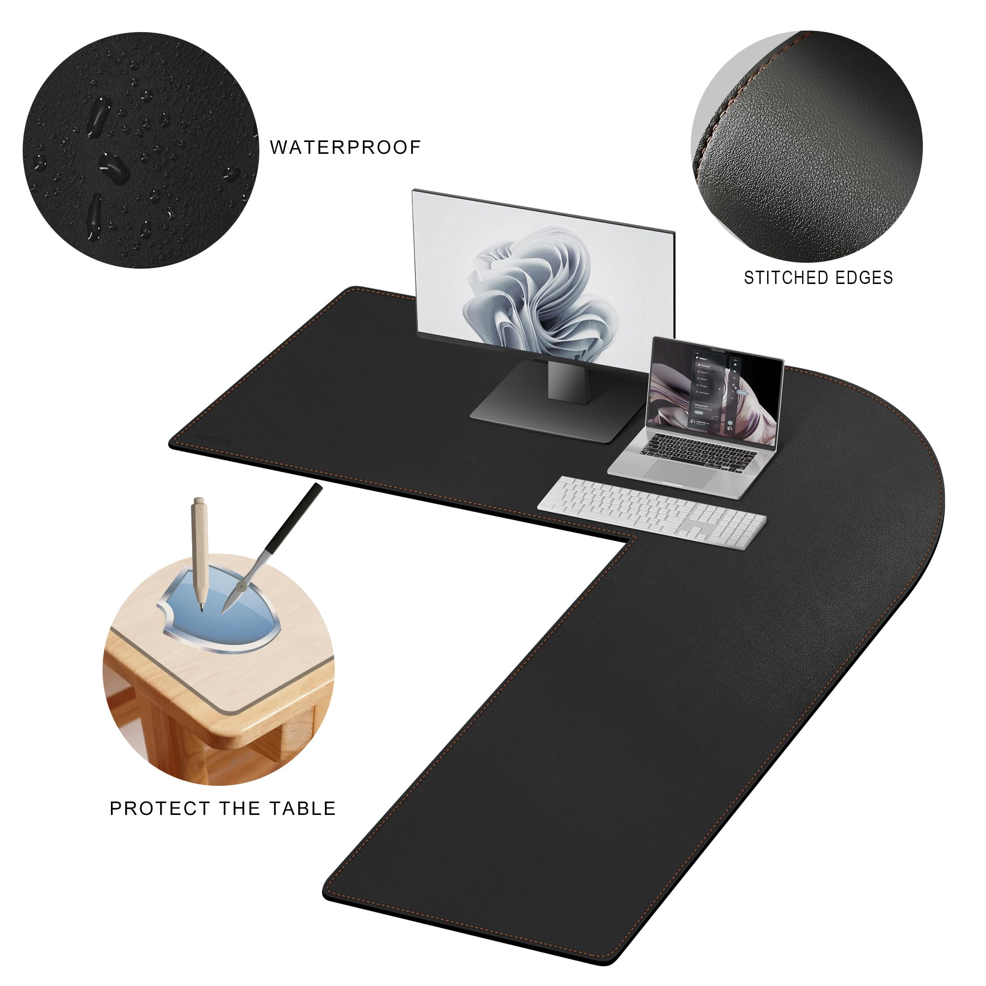 MAIDERN Tappetino da Scrivania Angolare Grande （140+140）x50 cm - Faccia in Pelle per Gaming e Ufficio (Nero)