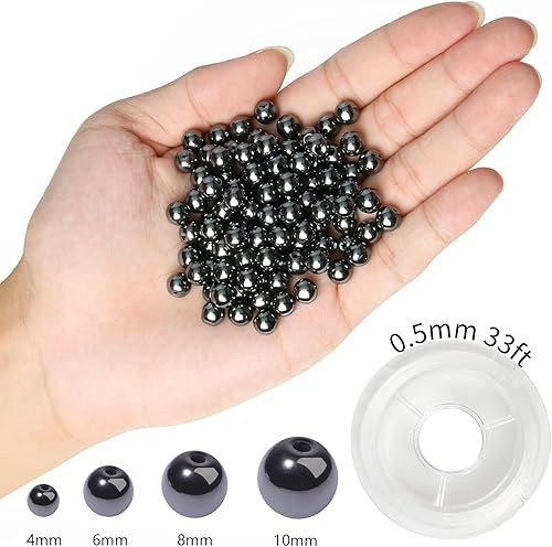 Miniatura 2 de 200 cuentas de hematita negra lisa natural de 0.157 pulgadas (0.157 in), cuentas redondas sueltas de piedra para fabricación de joyas con cordón