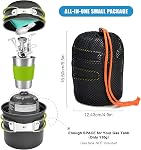 Ustensiles de cuisine de camping Odoland, réchaud avec support de cartouche, trépied et tasse en acier inoxydable, support de réservoir, kit de fourchette, couteau, cuillère pour randonnée, camping en extérieur, randonnée et pique-nique