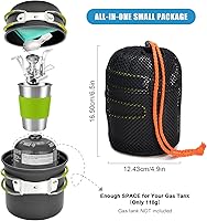 Vista 2 de Odoland Utensilios de cocina para camping con estufa, mosquetón, soporte para cartucho trípode y taza de acero inoxidable, soporte para tanque, kit