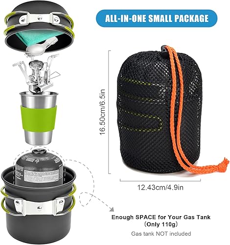 Miniatura 2 de Odoland Utensilios de cocina para camping, soporte para mosquetón, trípode y taza de acero inoxidable, soporte para tanque, kit de cuchara de Verde