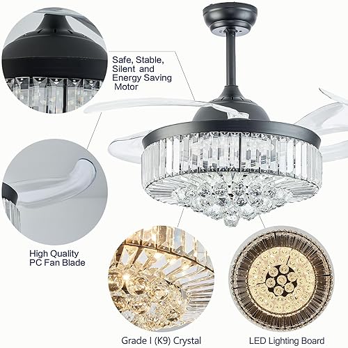 Miniatura 3 de DuMaiWay Candelabro de techo de cristal regulable de 48 pulgadas con control remoto de 6 velocidades, ventiladores retráctiles de 4 aspas para