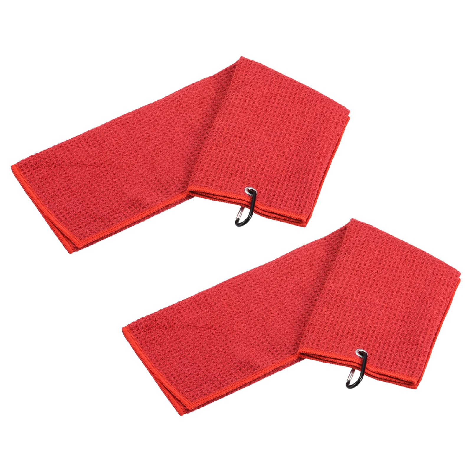 YOKIVE 2 Pcs Tri-Fold Golf Towels, Golf Club Waffle Pattern Towels with D Clip for Golf Balls Lovers (Red, 12x12-Inch)