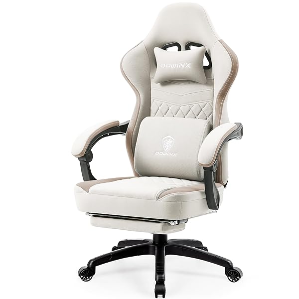 Dowinx Gaming Chair Breathable Fabric Computer Chair with Pocket Spring Cushion, Comfortable Office Chair with Gel Pad and Storage Bag,Massage Game Chair with Footrest,Beige