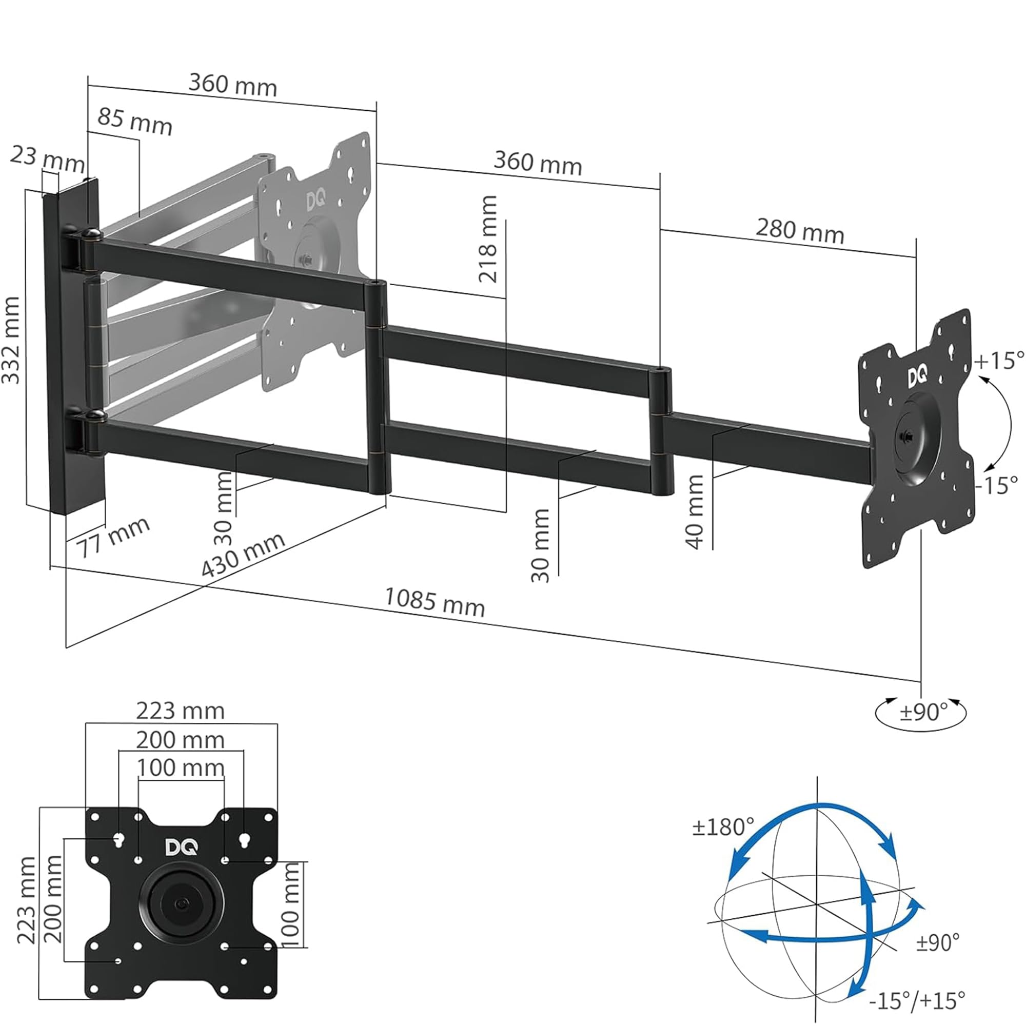 Rotate XL TV supporto da parete, si estende, gira, inclina, ruota, TV circa 24-50 pollici - 25kg, fino a VESA 200x200mm, supporto TV (Nero, 108,5 cm / 25 kg)
