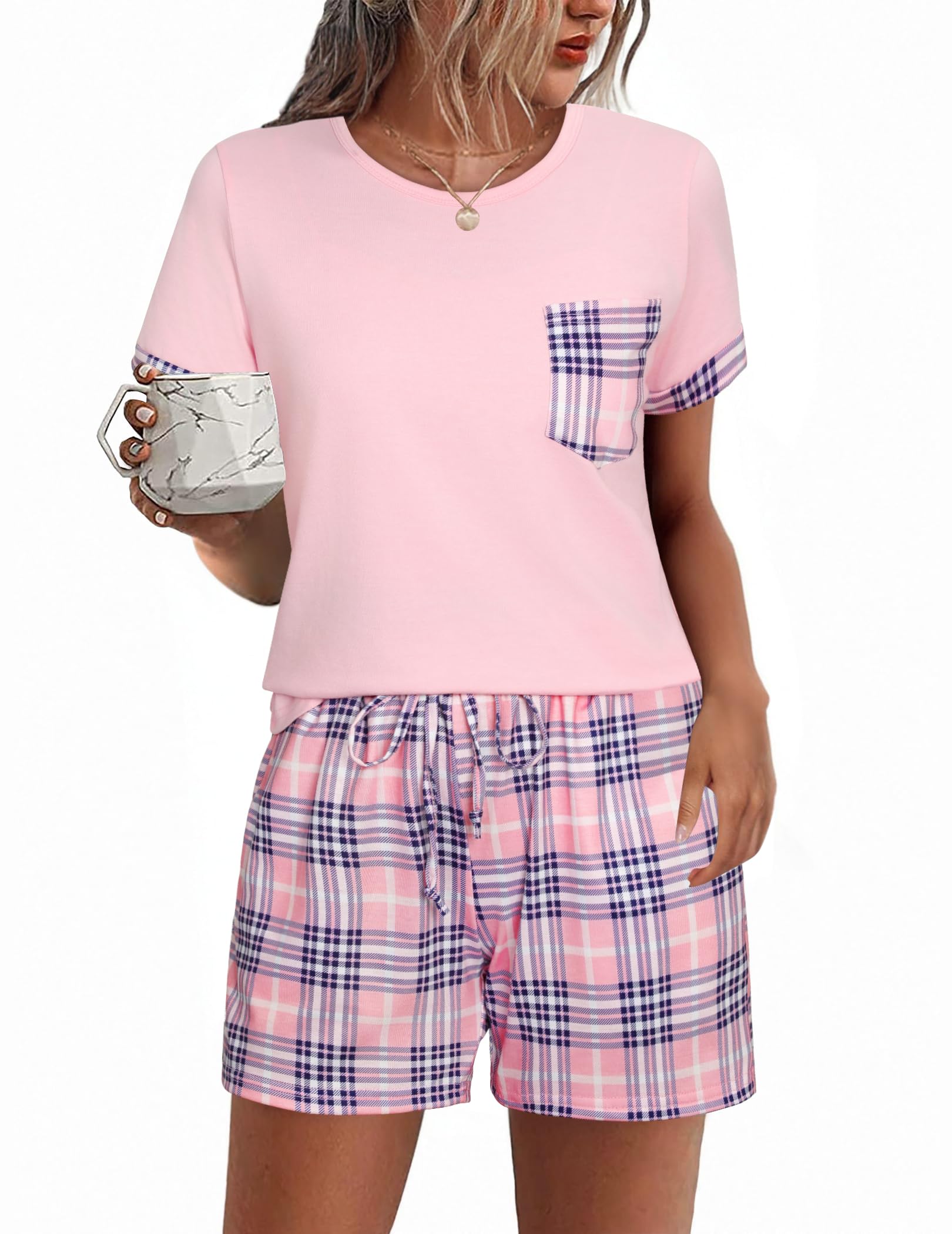 Aseniza Schlafanzug Damen Kurz Baumwolle Shorty Pyjama Set Rundhals Zweiteiliger NachtwäSche Loungewear Frauen Karierter Druck Sleepwear Hausanzug für Sommer