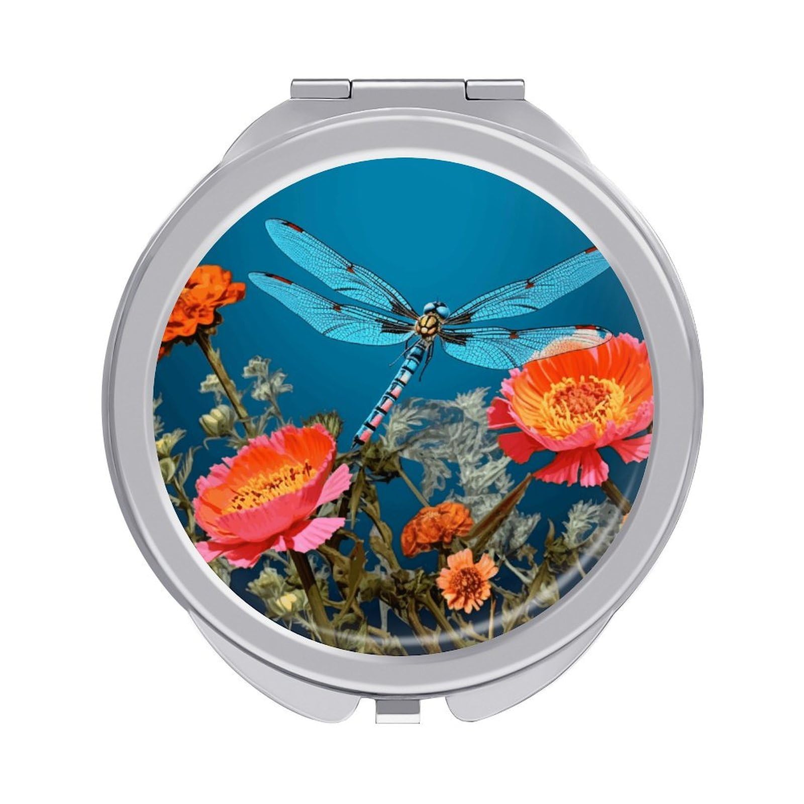 JTREHY Dragonfly and Flower Makeup Mirror Silver Mirror Surface Folding Makeups Mirrors Lightweight Durable Looking Glass for Suitable Traveling Handbag and Purses