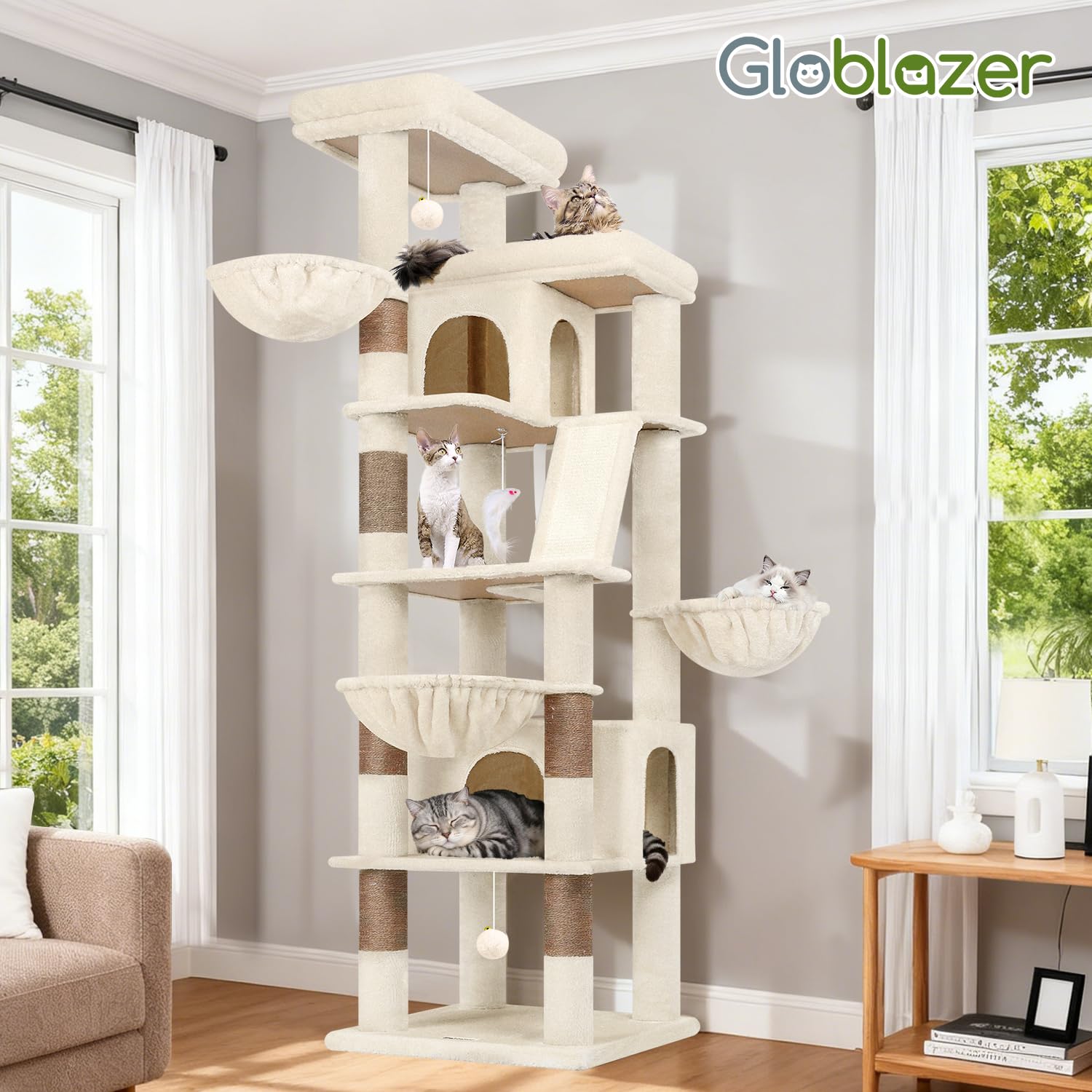 Globlazer Rascador Beige para Gatos Grandes XXL 204 cm con 2 Grande Plataformas Acolchadas 50*30CM, 2 Nidos, 3 Cesta, Tabla Rascar Sisal, Estable Árbol Rascador para Vario Gatos Adultos (S80G, Beige)