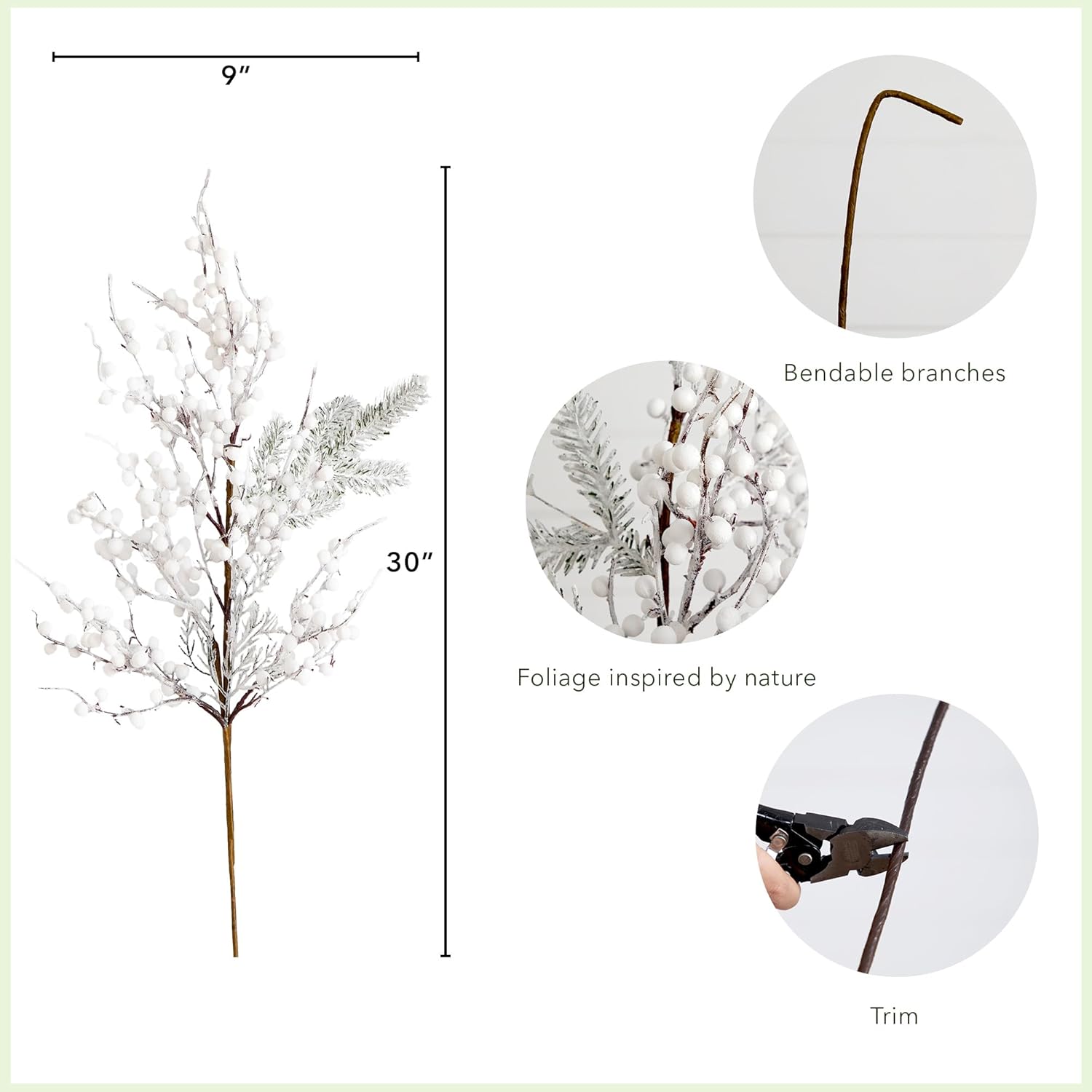 30-Inch White Flocked Holly Berry Stems Set of 3