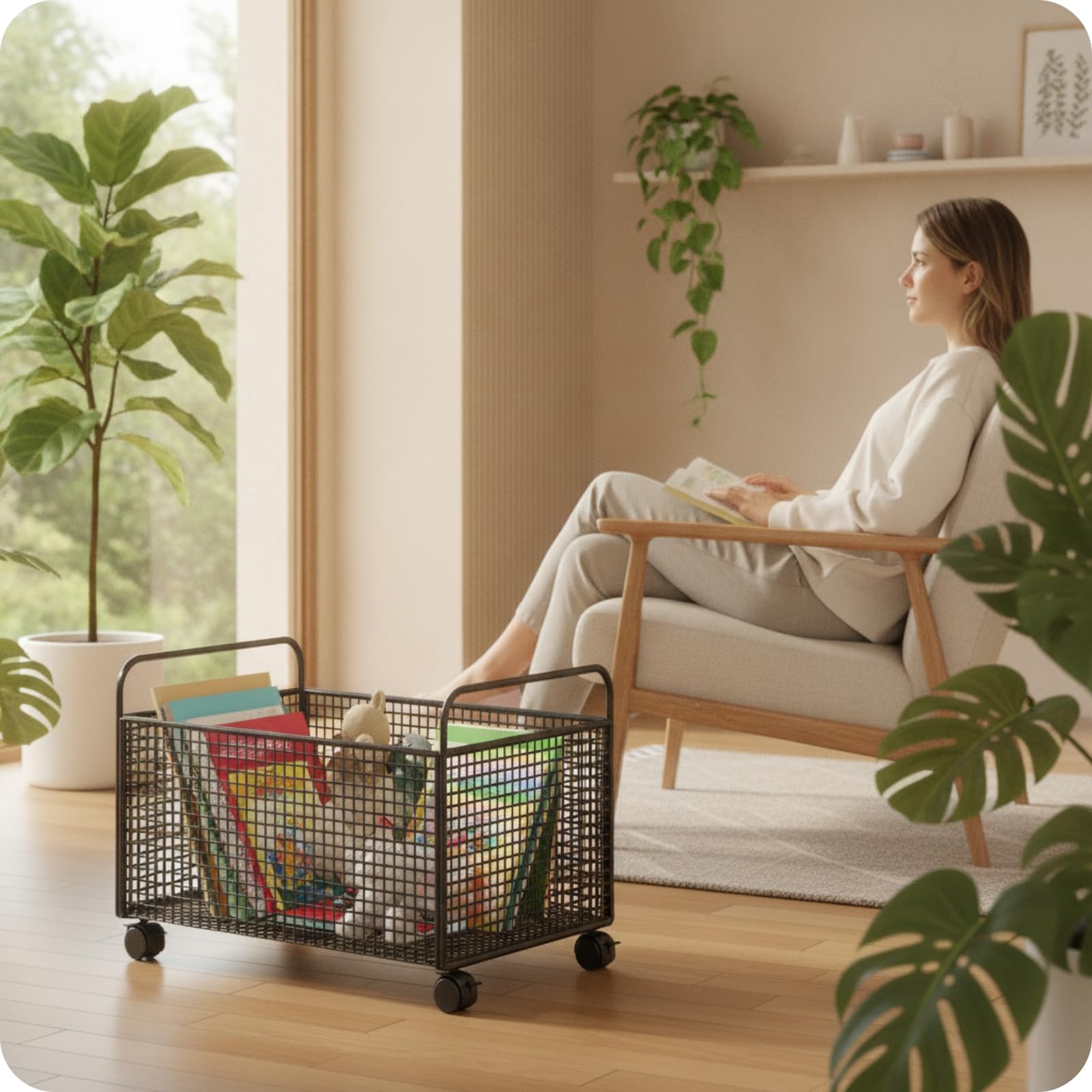 Contenitore Libri con Ruote Carrello Libreria Carrello Portaoggetti Cestino Metallico in Struttura Aperta E Maniglie Ergonomiche Ruote Rimovibili, Bianco, Grande Con Ruote