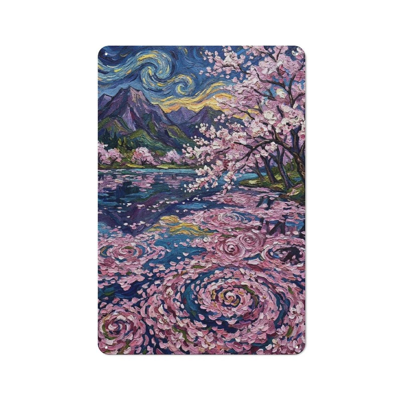 Junmoney Style-14 Cherry Blossoms Impressionistic Landscape Painting Retro Tin Wall Plaque 30X20cm For Hobby Room Or Studio, For Garage, Workshop And Man Cave Decoration