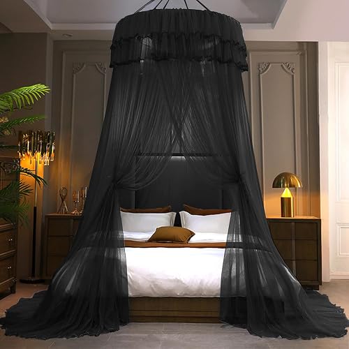 Kertnic Mosquito Net Bed Canopy for Girls, Princess Canopy Bed Curtain Fine Sheer Mesh Dome Bed Canopies, Kids & Adults Lace Tent for Twin Full Queen King Bed (Black) - Black