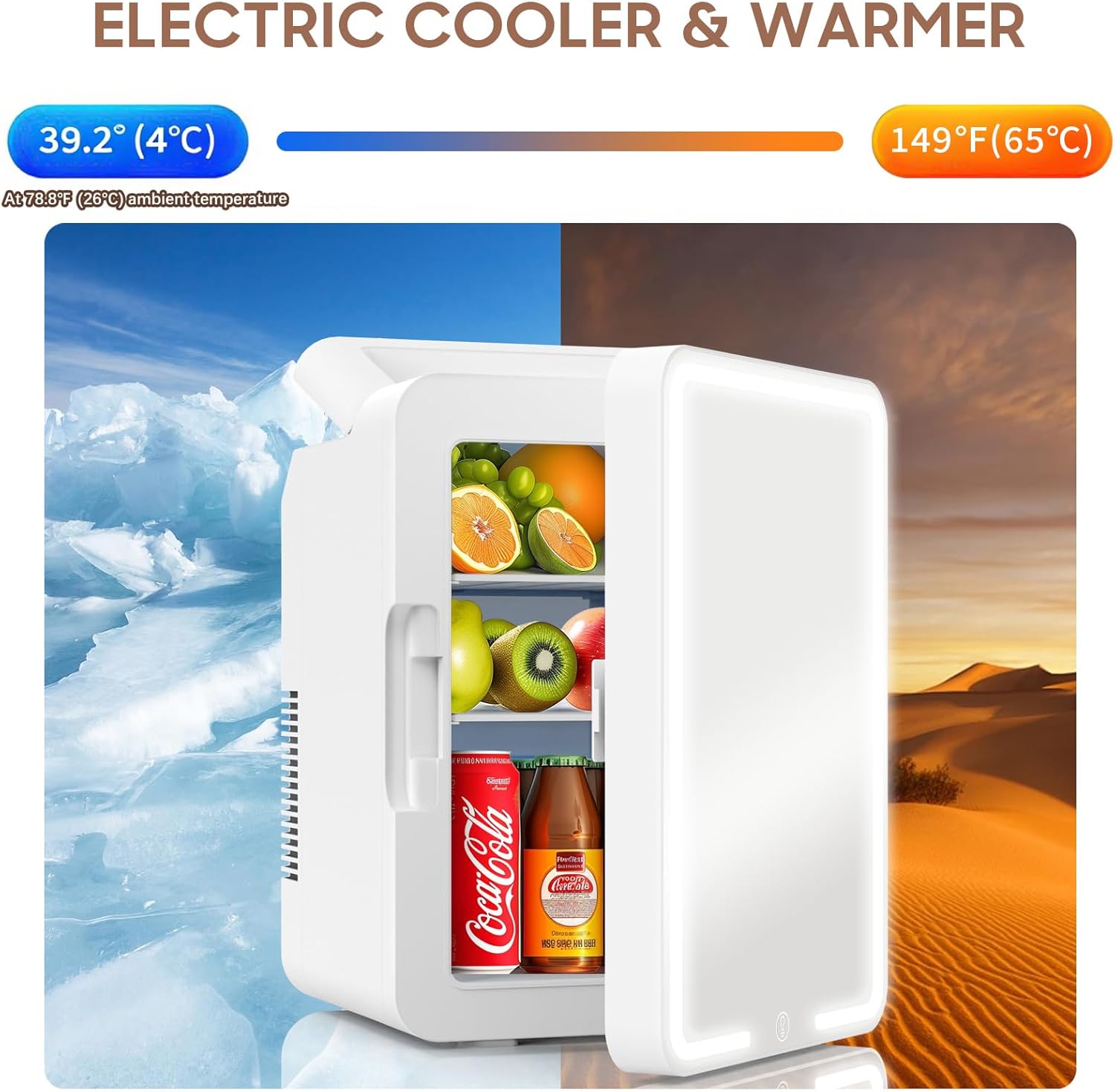 Image depicting the advwin mini fridge's dual cooling and warming functions, showing cold items in a snowy environment and warm items in a desert environment.