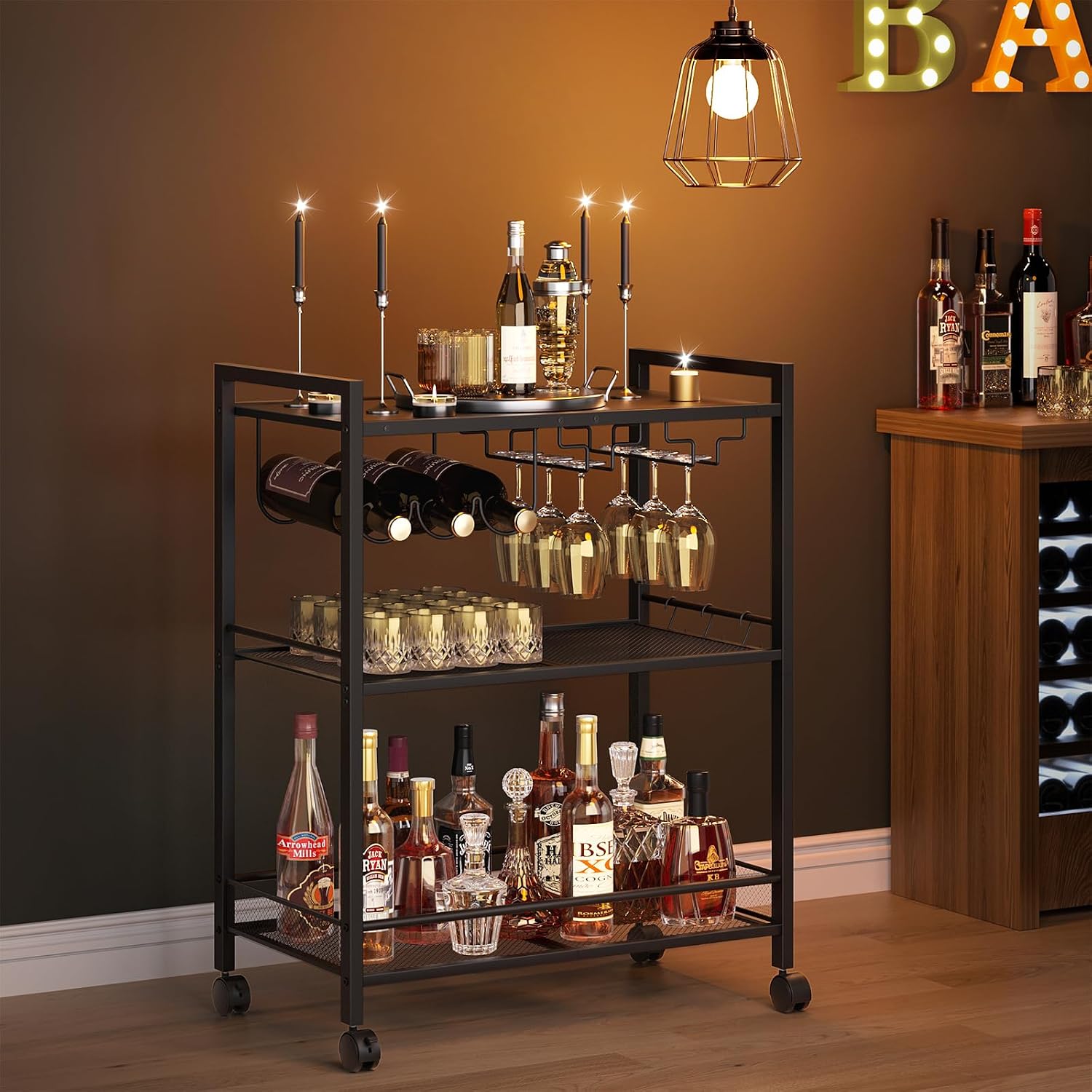 Joaxswe Bar Cart,3-Tier Home Bar Serving Cart with Lockable Wheels,Black