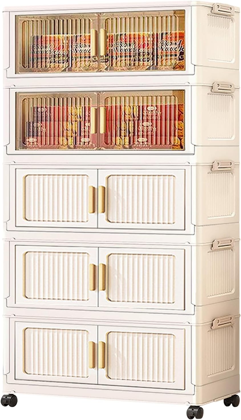 5 Tier 35 Gallons Stackable Organizer Drawers with Wheels, Foldable Plastic Storage Bins for Clothes/Dorm Room Double Door Cream Rolling Cabinet