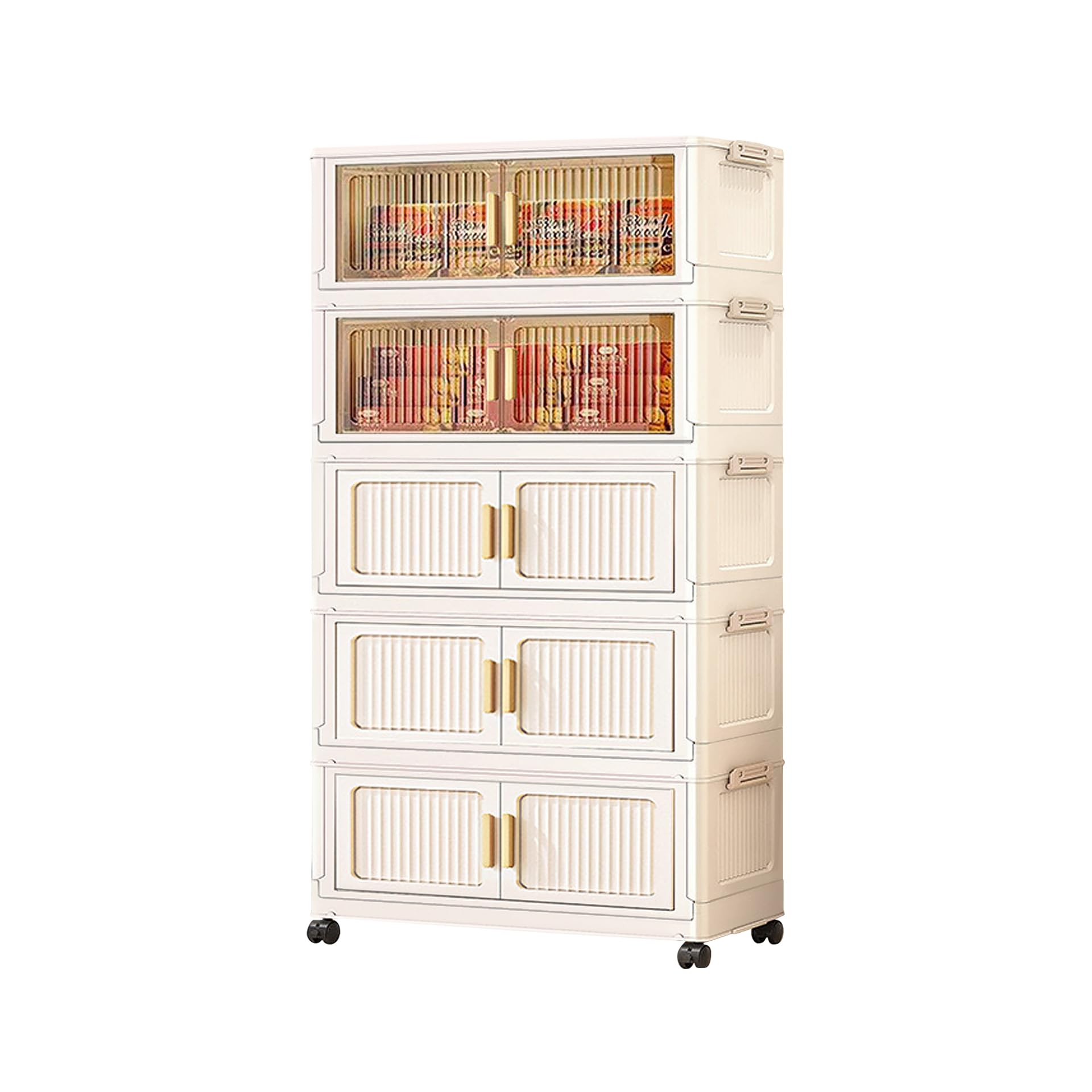 (similar photo) 5 Tier 35 Gallons Stackable Organizer Drawers with Wheels, Foldable Plastic Storage Bins for Clothes/Dorm Room Double Door Cream Rolling Cabinet