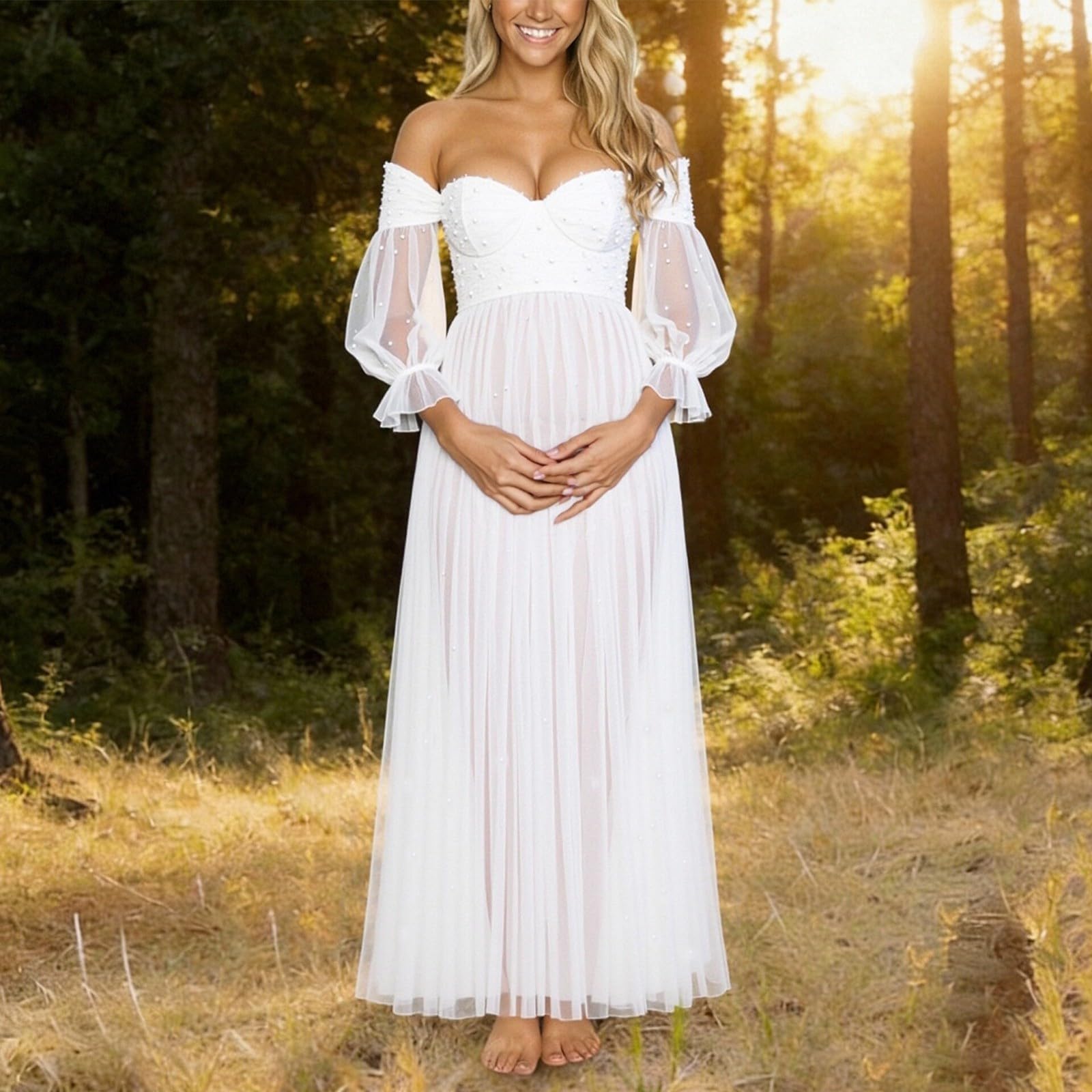 Generico Vestidos de embarazo de manga larga para mujer Vestido de maternidad Boho Vestidos de Embarazo Vestido de Mujer Elegante de Encaje de Tul Cóctel Fiesta Falda de Globo