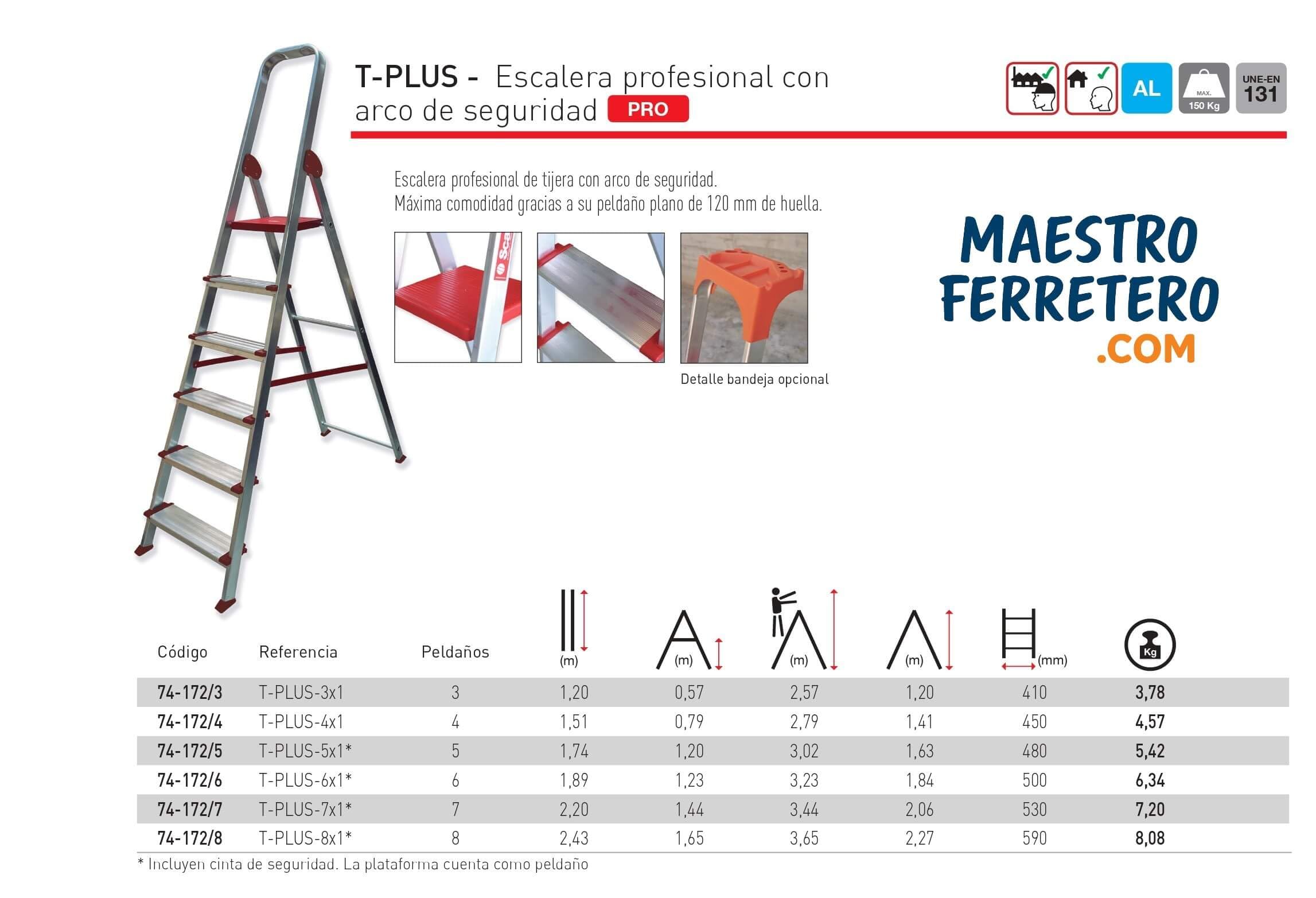 T-Plus Escalera Profesional de Aluminio 8x1 con Arco de Seguridad, 8 Peldaños, 150 kg de Capacidad