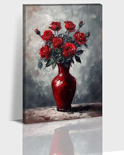 Hzddty Lienzo de flores de rosas rojas, arte para pared, diseño clásico de naturaleza muerta, pintura floral para paredes, cuadros vintage de baño,