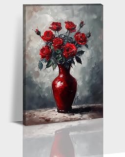 Hzddty Red Roses Flower Canvas Wall Art Classic Still Life Floral Bloom Painting for Walls, Country Vintage Bathroom Pictures Wall Decor Flowers Artwork Office Living Room Wall Art 12x18 Inches