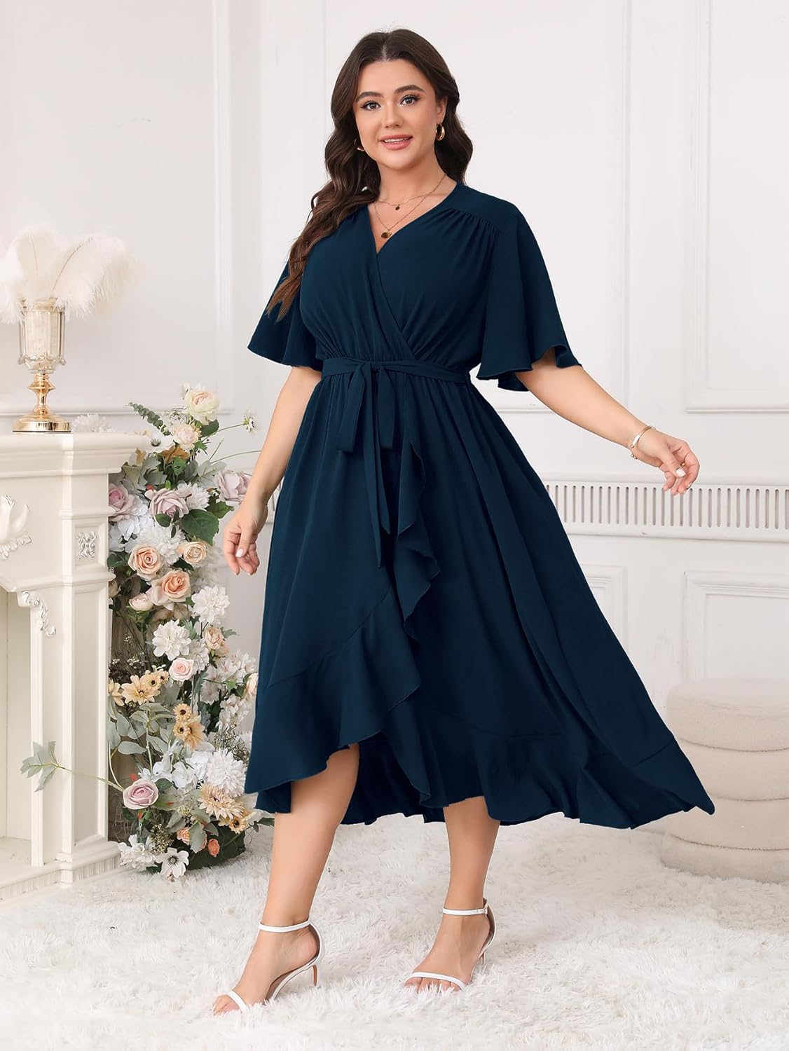 Plus Size Formal Wedding Guest Cocktail Dresses for Curvy Women Maxi Dress Wrap V Neck Short Sleeve - Image 2