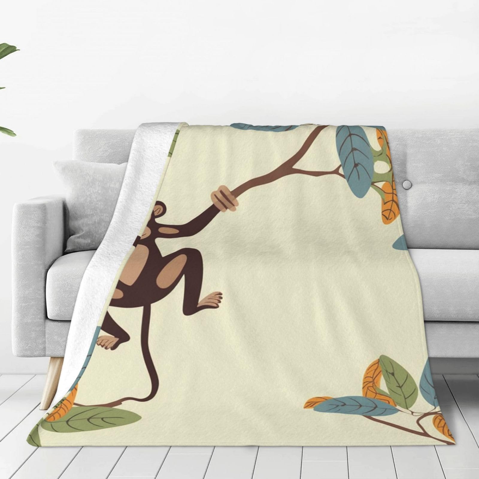Monkey Hanging on Tree Branch Throw Blanket for Couch, Plush Fuzzy Soft Flannel Blankets and Throws for Sofa, 40"x30" Bed Blankets for Travel Camping Chair, All Season Warm Fleece Blanket