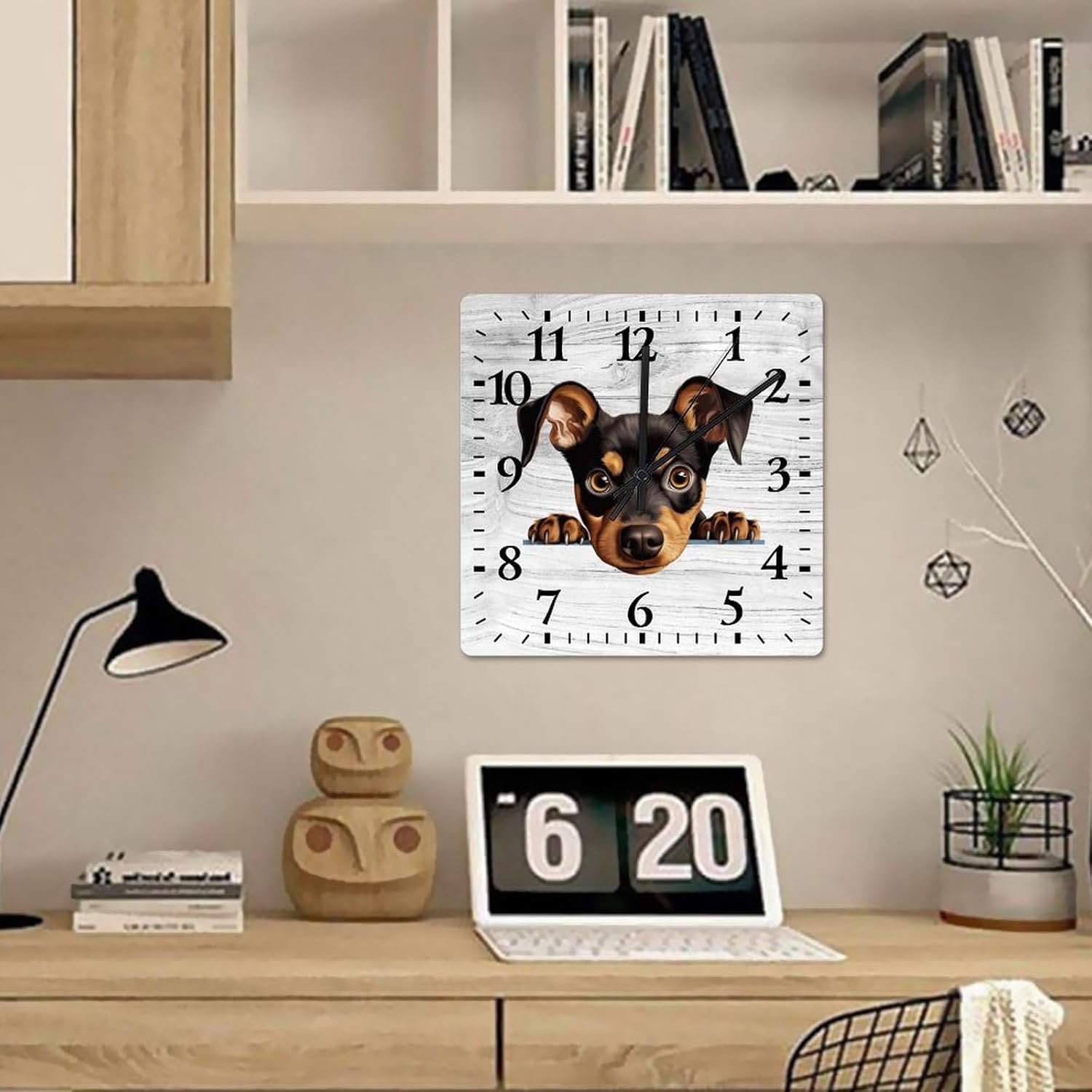 German Pinscher Wall Clock Dog Mom Gift Wooden Wall Clocks Battery Operated 15 Inch Non-Ticking Retro Cabin Wall Decor for Kitchen Bedroom Living Room Office