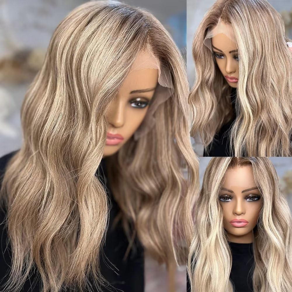 Highlight Blonde Lace Front Wig Human Hair Pre Plucked 13x4 HD Transparent 18/613 Ombre Blonde Lace Frontal Wigs Human Hair 150% Density Colored Loose Wave Lace Front wig for Women