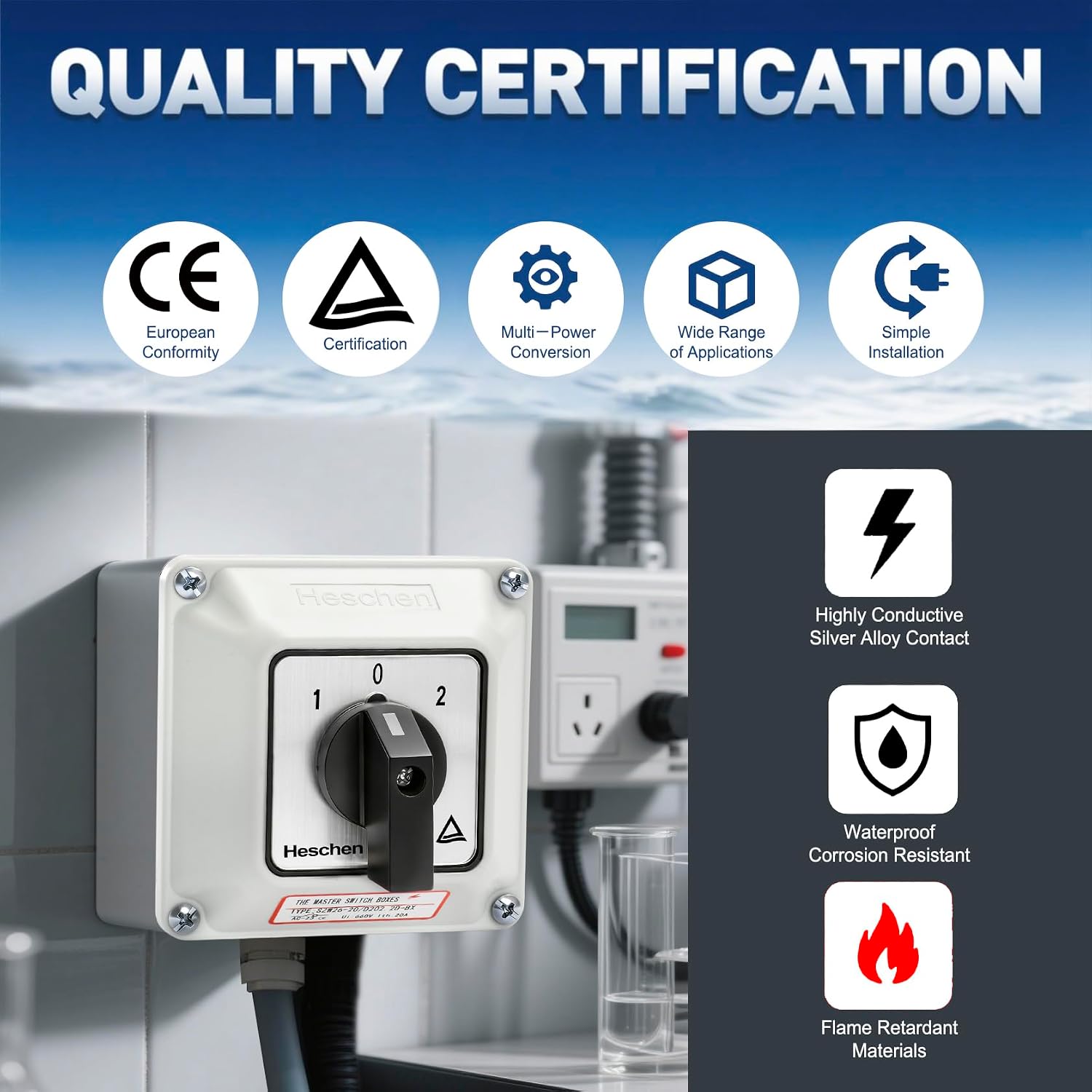 Heschen Universal Rotary Cam Selector Changeover Switch, SZW26-20/D202.2D, 660V 20A, ON-Off-ON, 3 Position 2 Phase 8 Terminals, with Master Switch Exterior Box (Bigger Box)