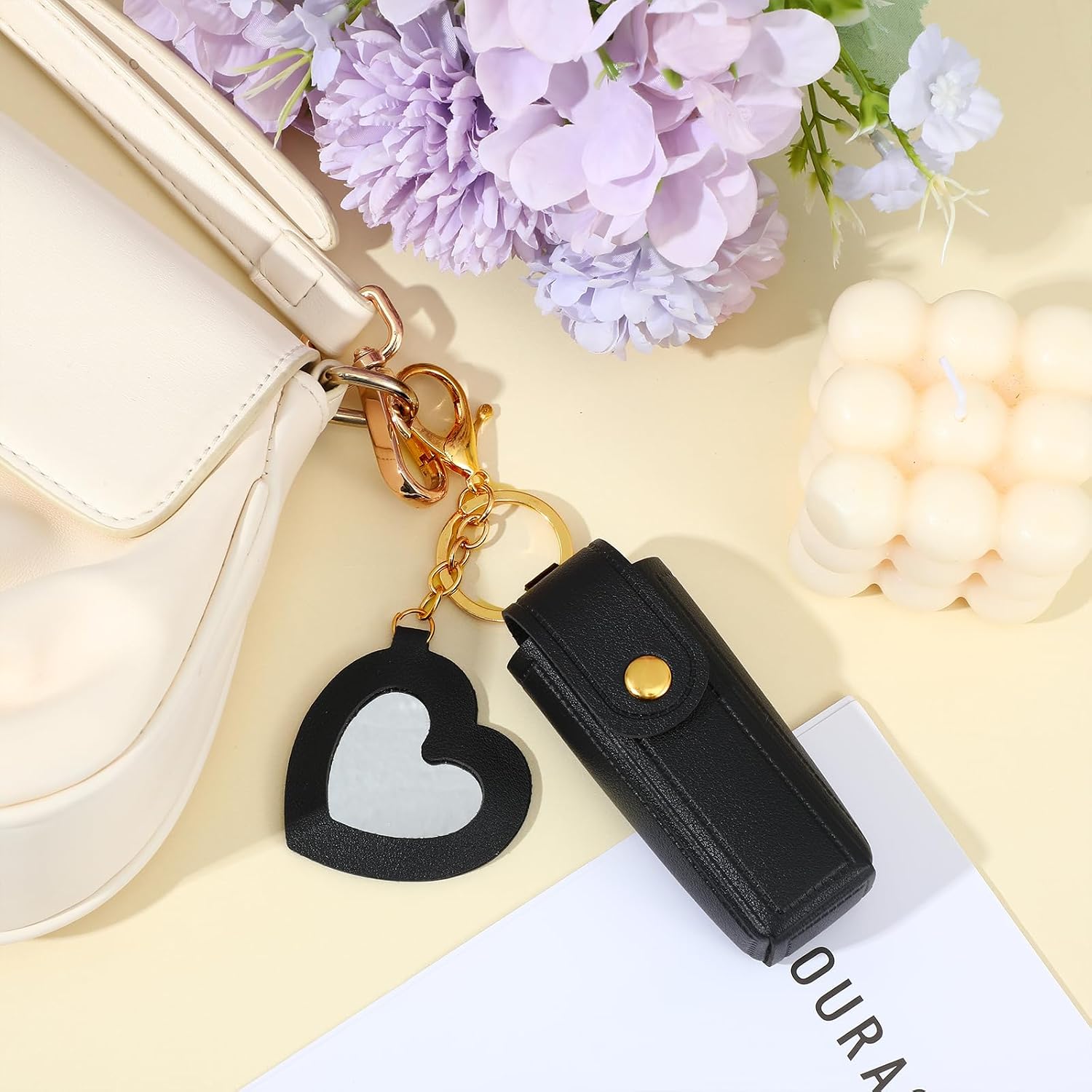 4 Pcs PU Leather Lipstick Holder Keychain, Lip Balm Holder with Mirror, Potable Lipstick Keychain Case Organizer, Lip Gloss Keychains Holders, Travel Storage Case for Women (4 Colors