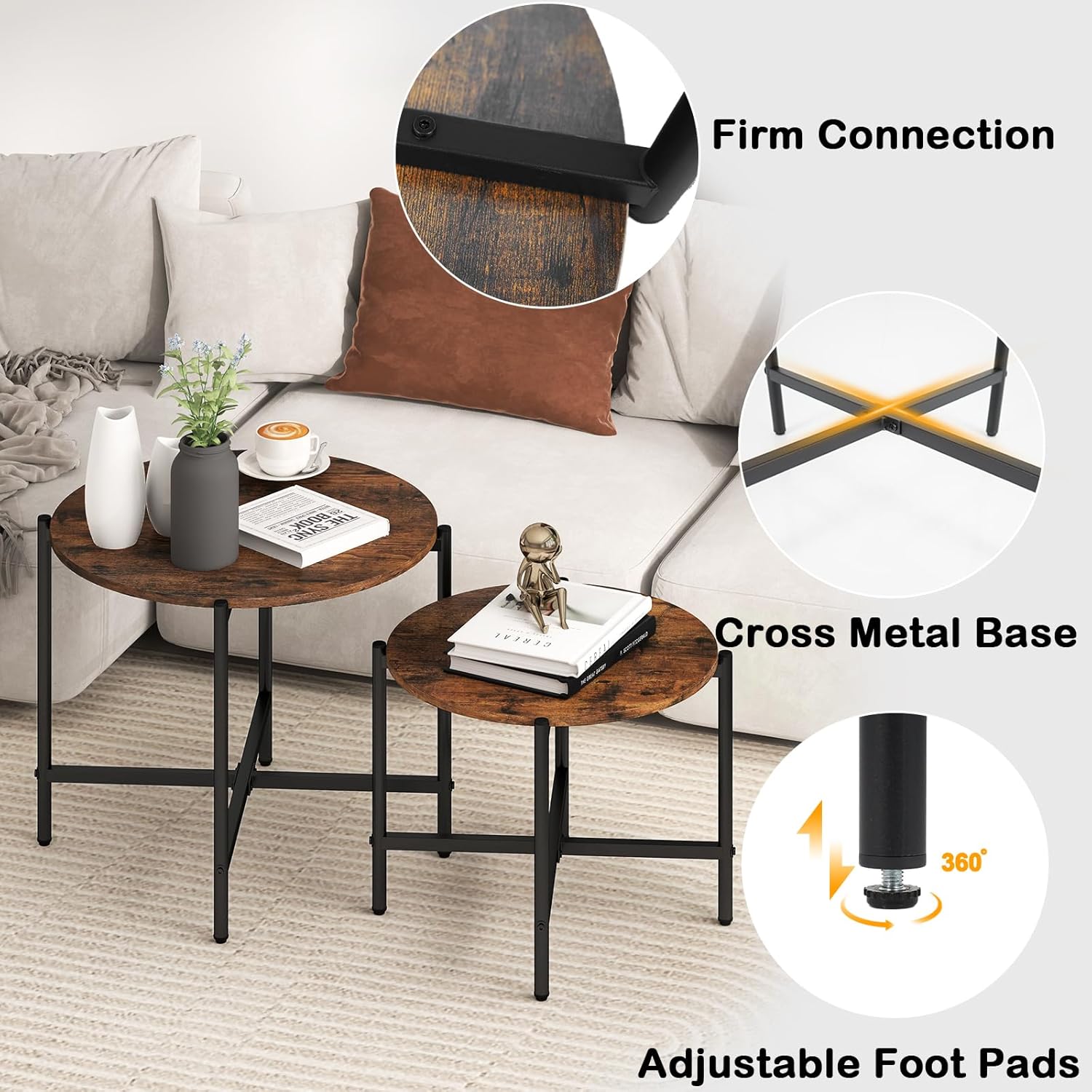 Giantex Round Coffee Table Set of 2, Nesting Tables with Metal Frame, Imitated Wood Grain Top, Adjustable Foot Pads, Circle End Side TV Tray, Center Table for Living Room Bedroom (Rustic Brown)