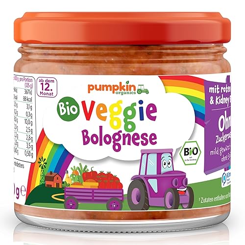Pumpkin Organics Bio Veggie Bolognese 8.82 oz für Kinder ab dem 12 Monat - Pastasauce ohne Zusatzstoffe, reich an Gemüse - gluten- & laktosefrei -
