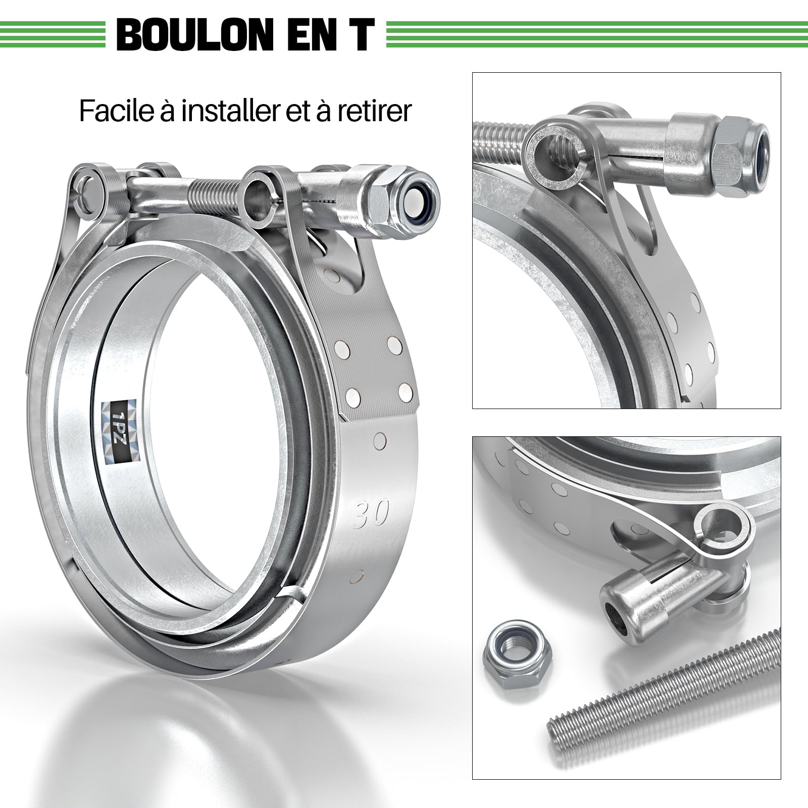 1PZ FR7-FC1 Kit de Bride de Serrage en V-bande 3.0 pouces (76.2 mm) en Acier Inoxydable, V-Clamp pour Tuyau d'Echappement, Compatible avec Turbos, Ensemble de Colliers Universels (2 pièces)