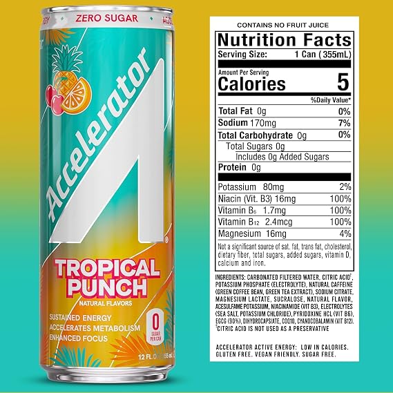 Accelerator Energy Drink, Tropical Punch & Orange Ice Pop, 12oz Can (12 Pack Each), Zero Sugar, Sustained Energy from 100% Natural Caffeine (200mg from Green Coffee Bean & Green Tea extract)