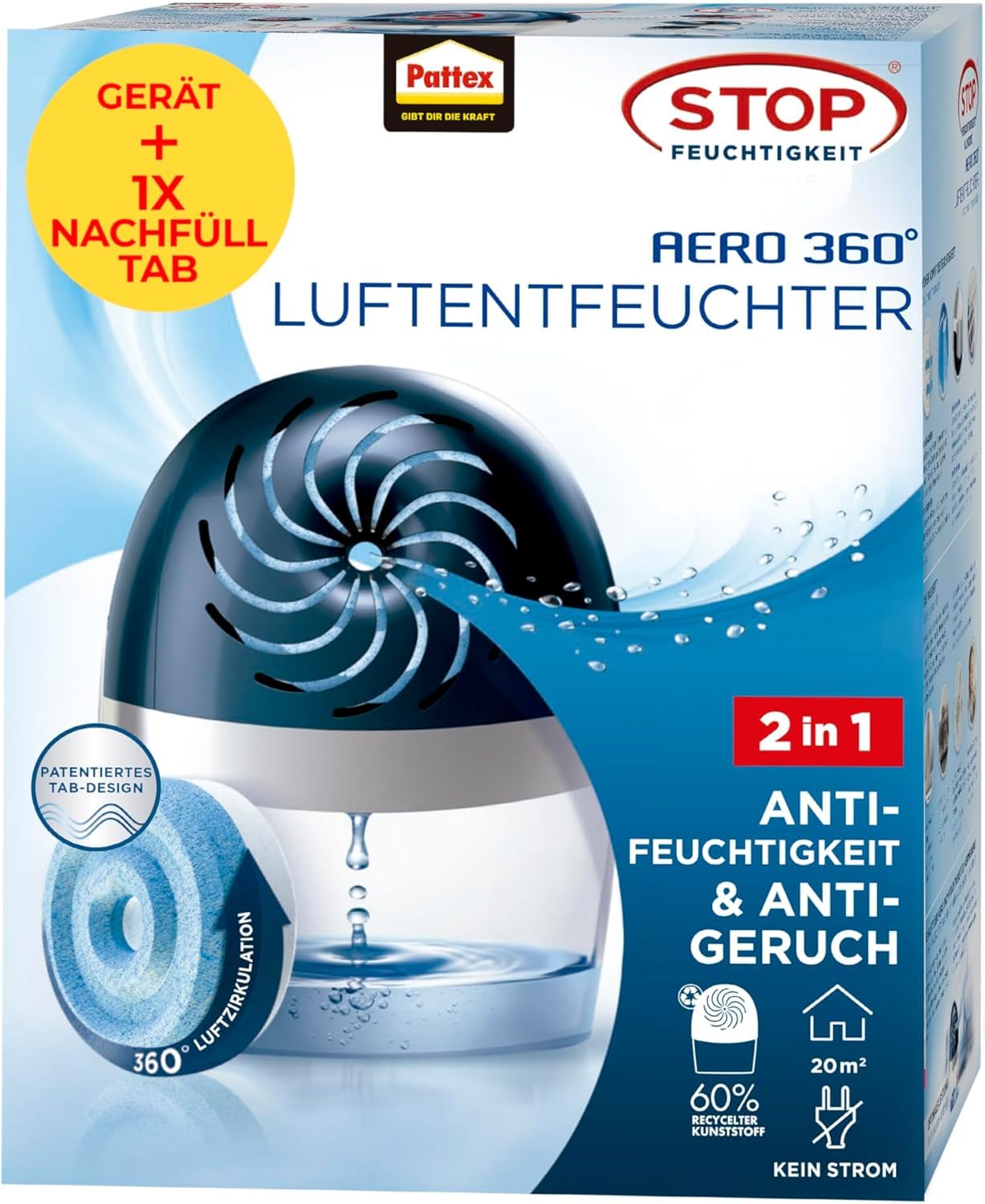 Pattex AERO 360º Luftentfeuchter, ultra-absorbierender Raumentfeuchter, hilft Kondenswasser, Schimmel- und Modergeruch zu vermeiden, nachfüllbarer Raumluftentfeuchter, 1 Gerät inkl. 1 Nachfülltab 450g