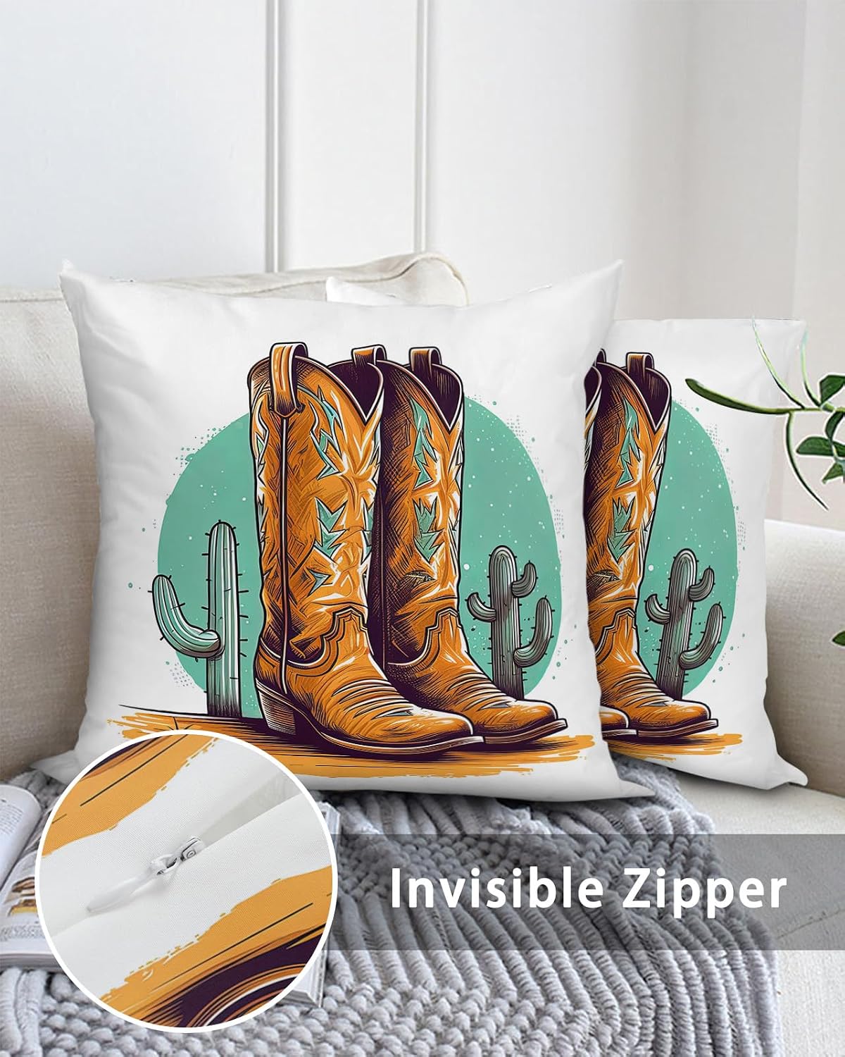 Outdoor Waterproof Throw Pillows Western Cowboy Boots Cactus Teal Patio Pillows Pack of 2,Decorative Pillow Covers with Insert,Pillow Cushion Case for Garden Couch Sofa Green Tropical Succulent Plant