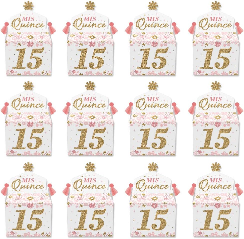 Big Dot of Happiness Mis Quince Anos - Treat Box Party Favors - Quinceanera Sweet 15 Birthday Party Goodie Gable Boxes - Set of 12