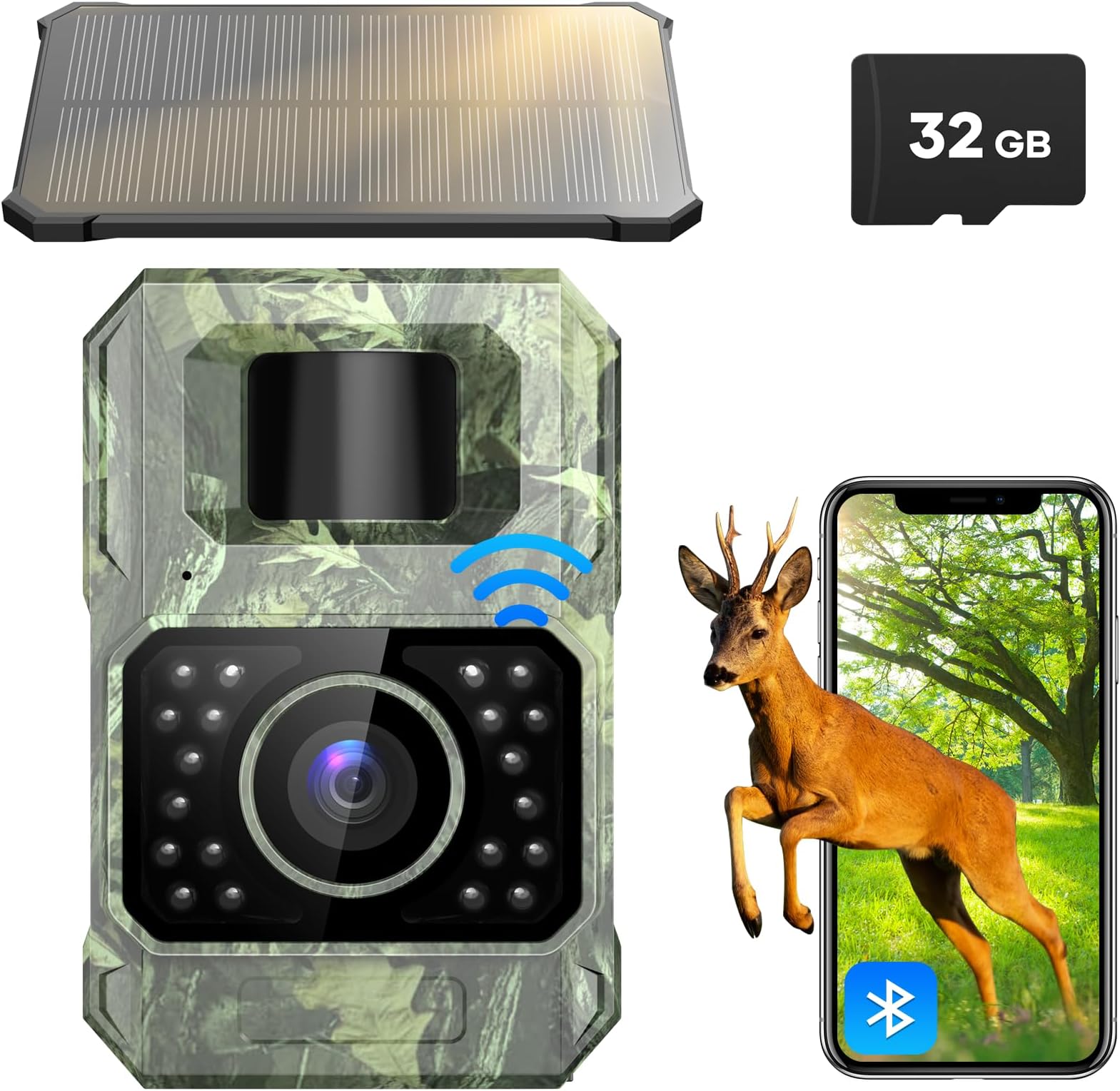Assark Solar Trail Camera 48MP 30FPS, WiFi Bluetooth Game Camera with Motion Activated 0.2s Trigger, Night Vision Motion Activated IP66 Waterproof for Wildlife Scouting with 32GB Micro SD Card