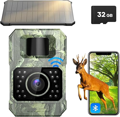Assark Solar Trail Camera 48MP 30FPS, WiFi Bluetooth Game Camera with Motion Activated 0.2s Trigger, Night Vision Motion Activated IP66 Waterproof for Wildlife Scouting with 32GB Micro SD Card
