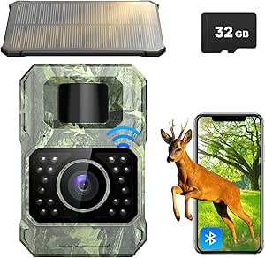 Solar Trail Camera 48MP 30FPS, WiFi Bluetooth Game Camera with Motion Activated 0.2s Trigger, Night Vision Motion Activated IP66 Waterproof for Wildlife Scouting with 32GB Micro SD Card asin的图片
