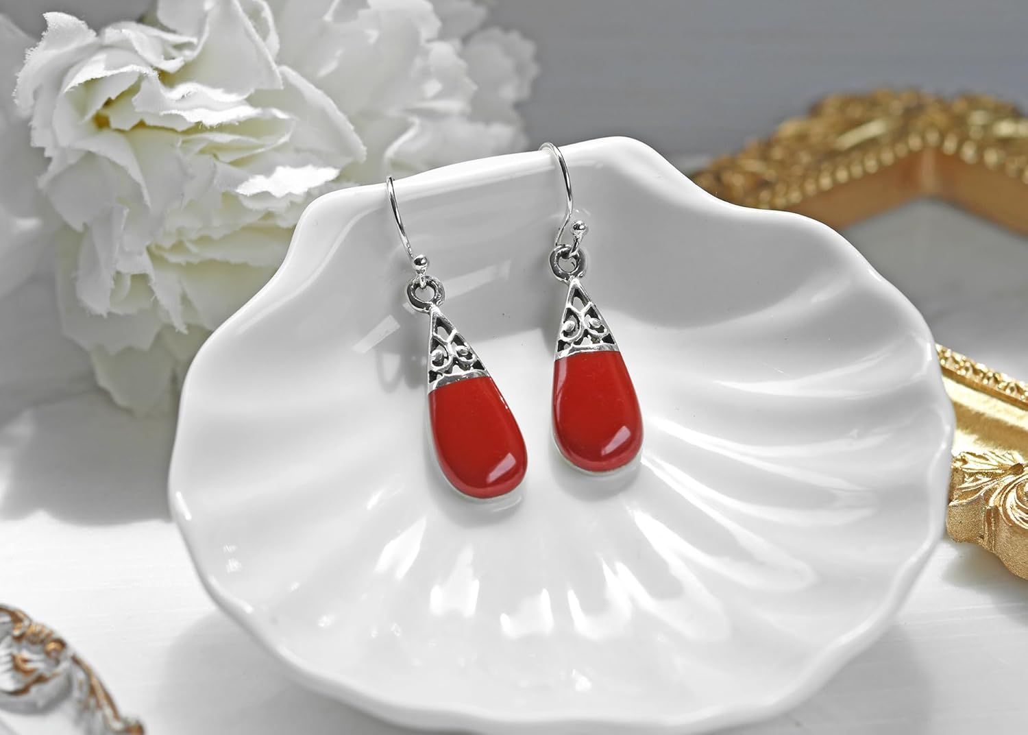 AeraVida Filigree Swirl Teardrop Reconstructed Red Coral Inlay .925 Silver Dangle Earrings for Women | Fashion Jewelry | Elegant Earrings | Cute Earrings