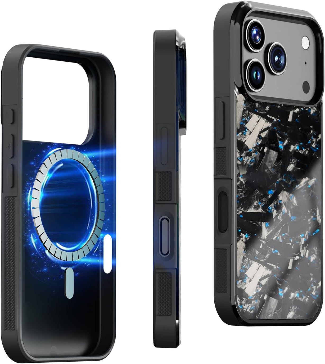molzar Grip Series for iPhone 17 Pro Case with Real Forged Carbon Fiber, Grippy Edges Design, Built-in Magnets, Compatible with MagSafe Chargers and Accessories, Glossy Black/Blue