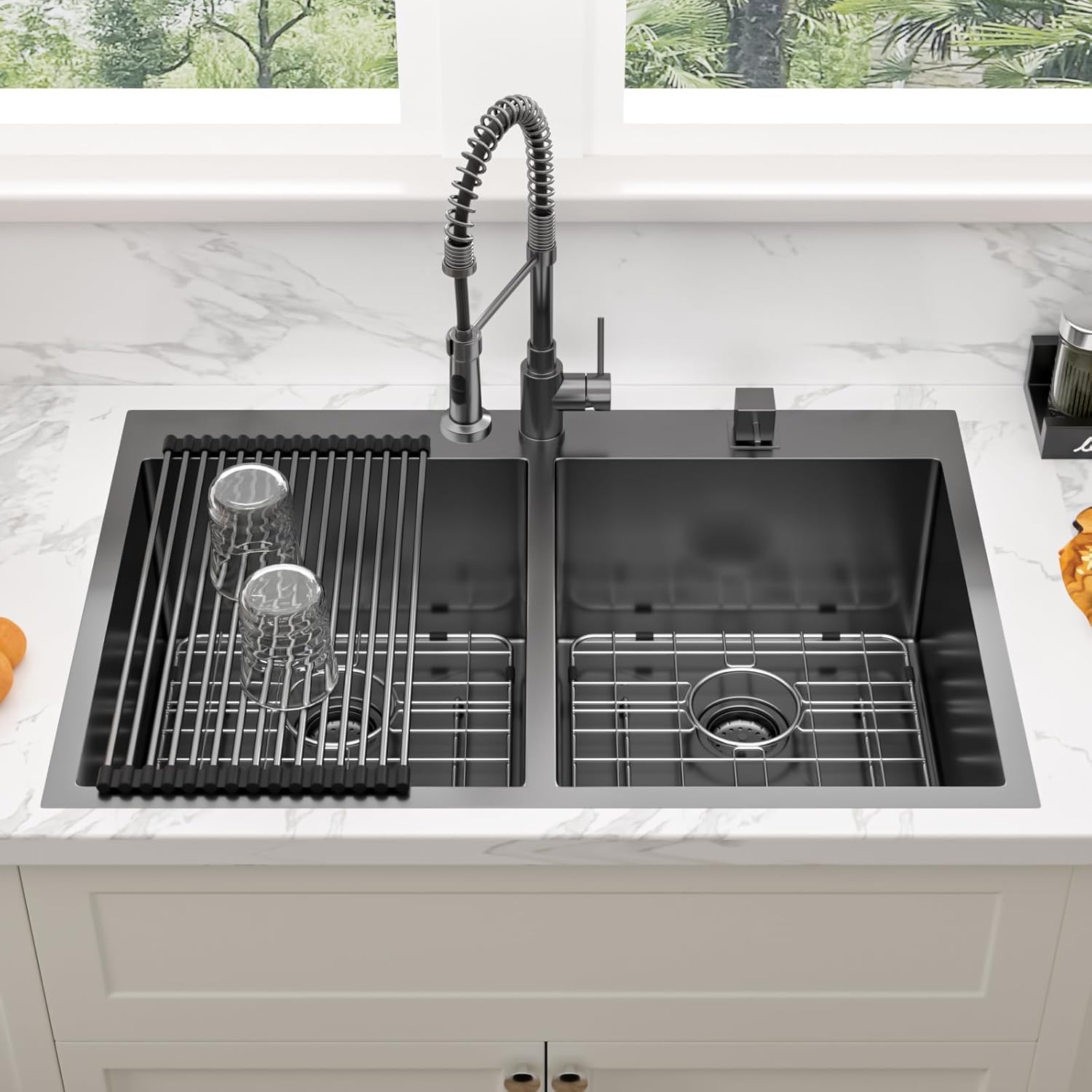 Sarlai 33 Black Drop In Kitchen Sink - 33x22 Inch Kitchen Sink Topmount Double Bowl 50/50 Gunmetal Black Stainless Steel 16 Gauge Two Basin