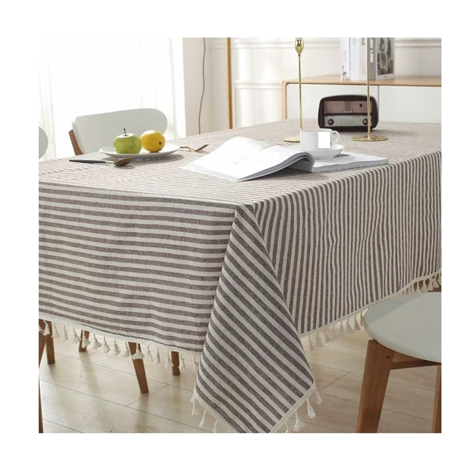 FonHNDG Striped Tablecloth Cotton Linen Table Cloth Stripe Tassel Rectangle Tablecloth Dust-Proof Cover For Kitchen Dinning Tabletop Decoration(Coffee,140x180cm)