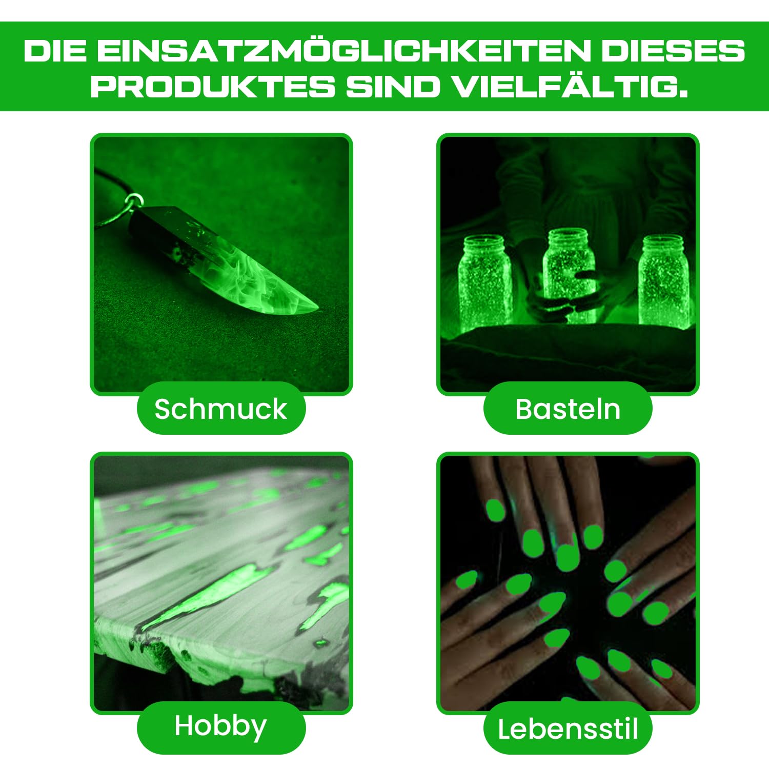 Pigmento in polvere fosforescente al buio, colore verde luminoso, 100 g