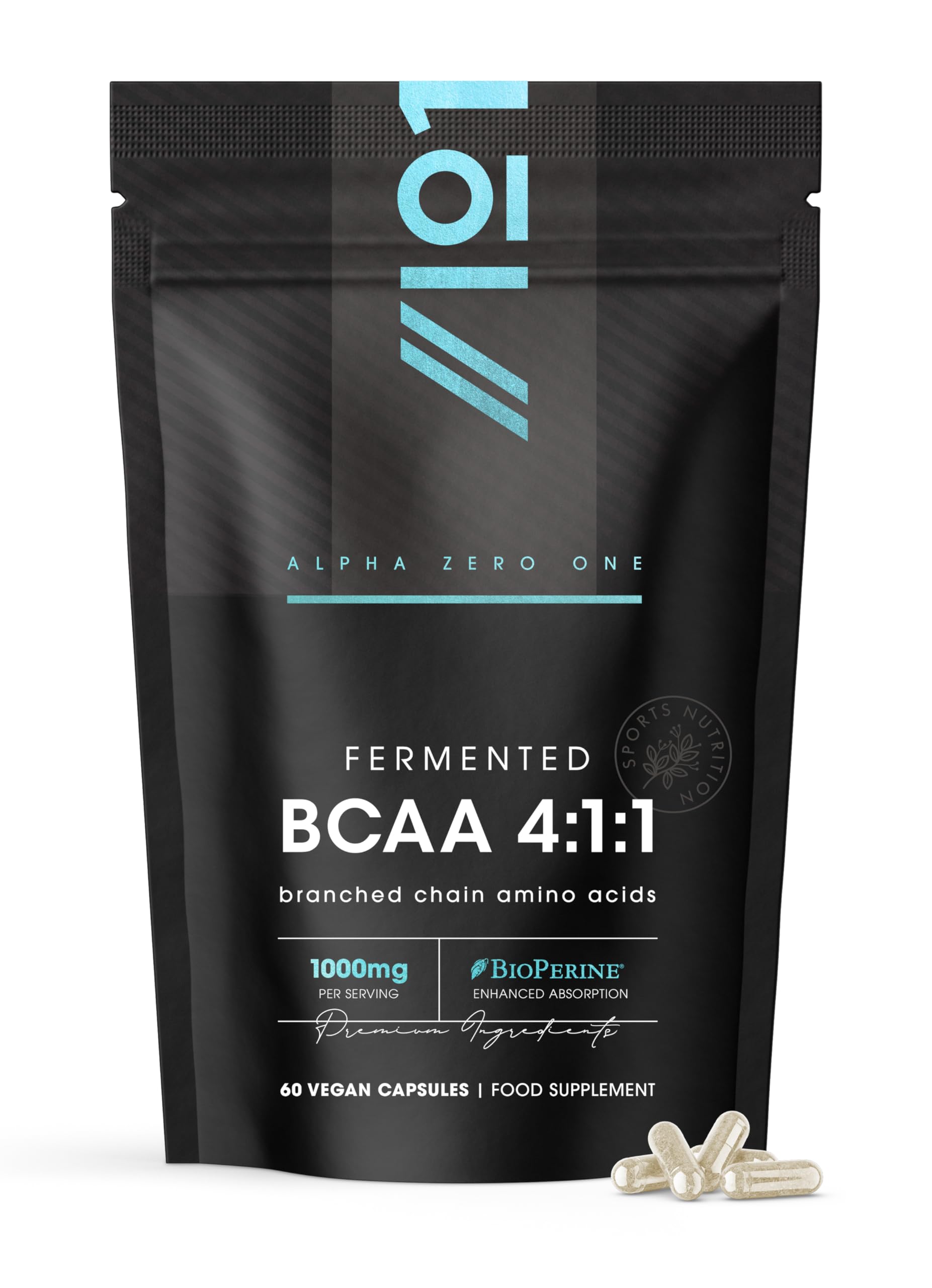 BCAA Capsules 1000mg with BioPerine® – 60 Vegan Capsules – High Strength Branched Chain Amino Acids Supplement – Not Powder – Resealable and Recyclable Pouch by Alpha01